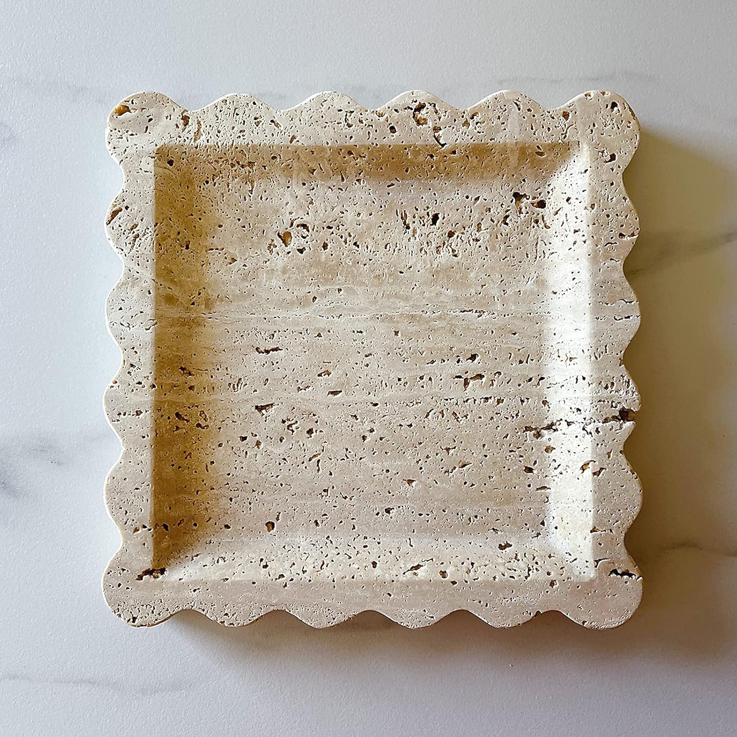 Vintage Natural Marble Tray Small Ornaments Scalloped Tray Handmade Storage Dish for Counter, Vanity, Dresser, Nightstand and Desk (Beige Travertine)
